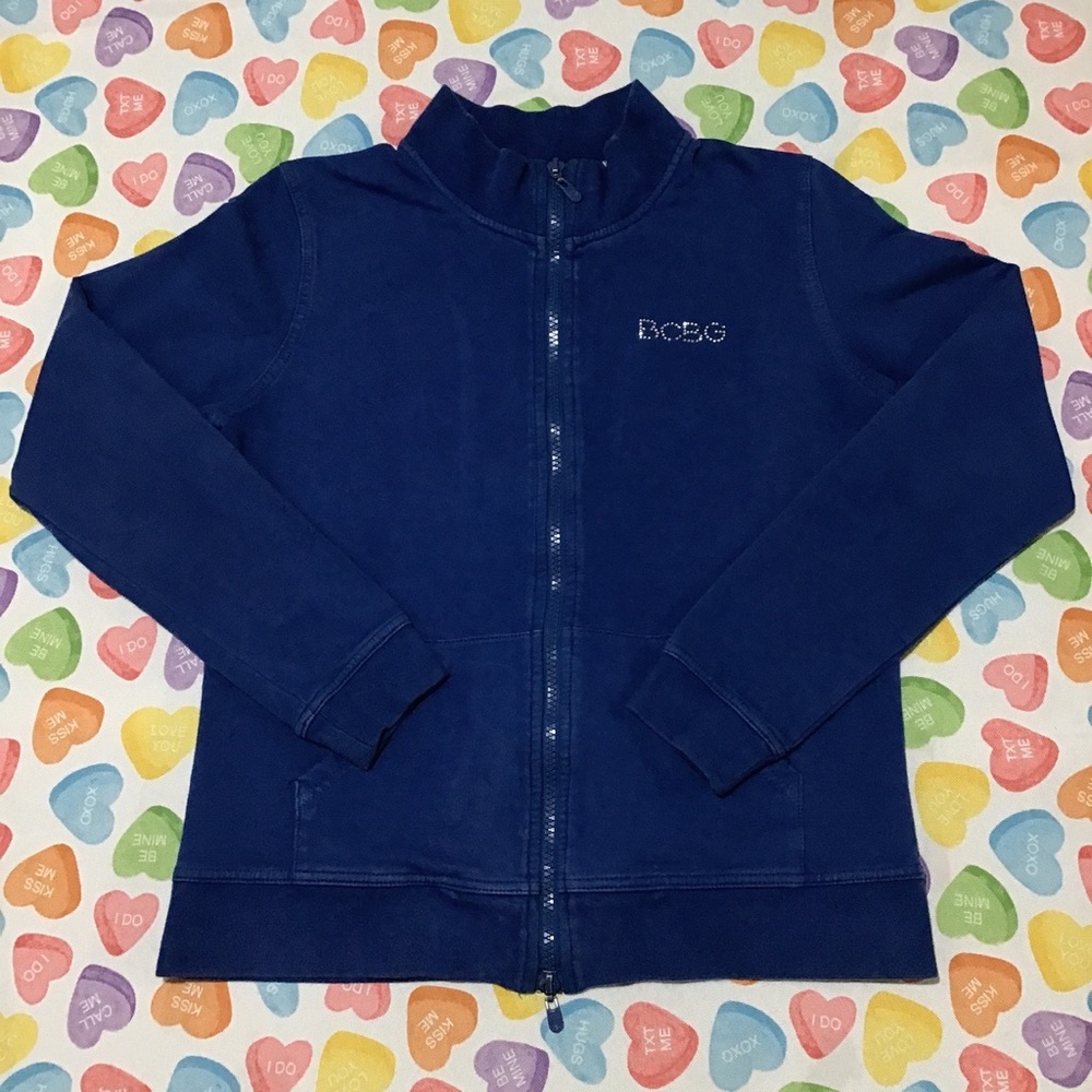 BCBG Women’s Blue Mock Neck Full Zip Long Sleeve Sweater with Glittered Logo
